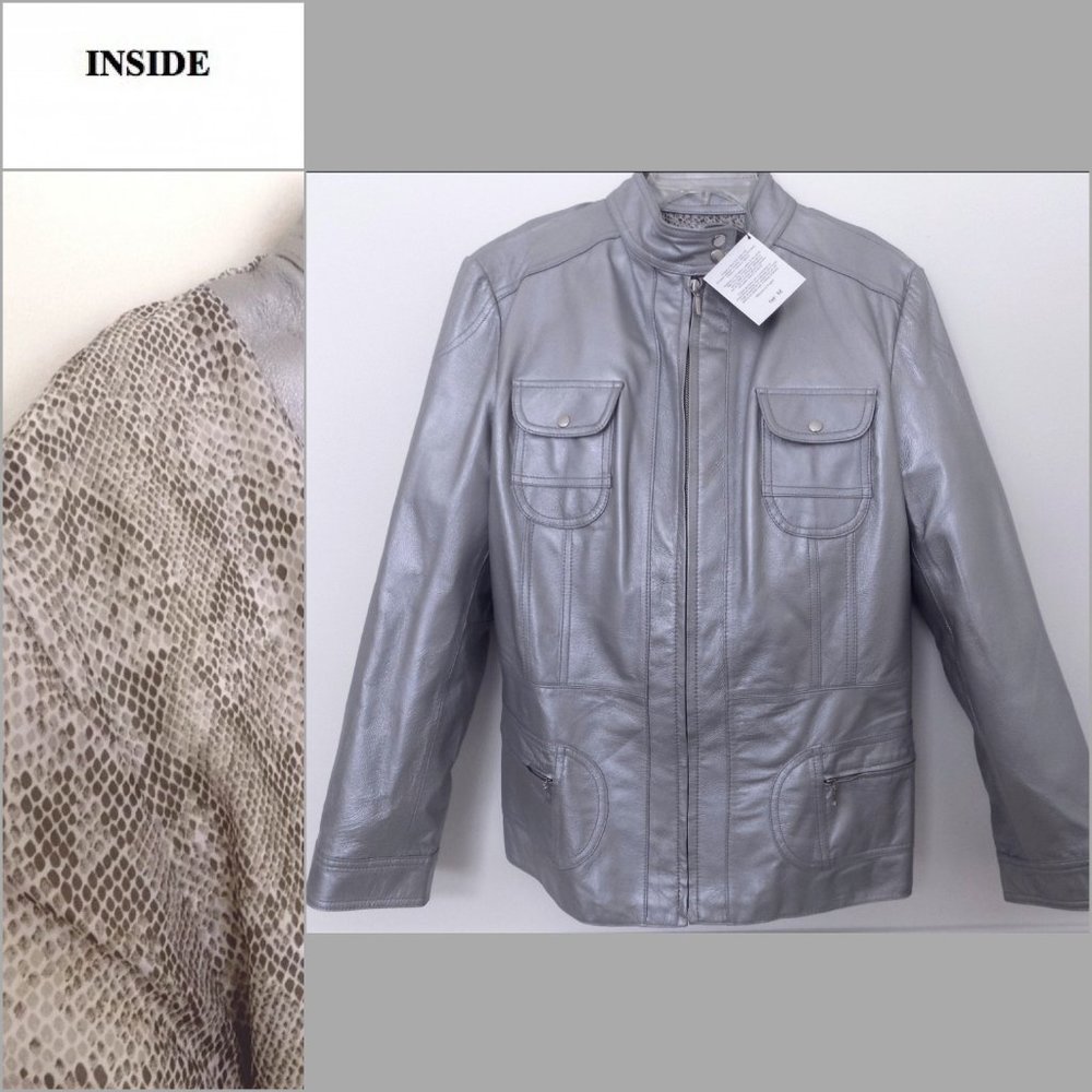 NWT Genuine leather jacket L Gray $298 Zippers Pockets Print lining Biker Large